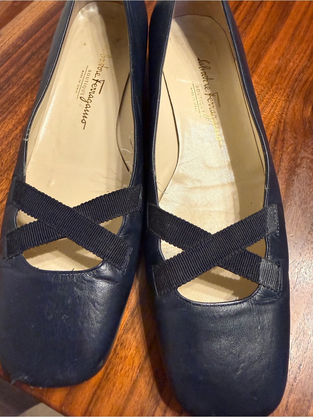 Salvatore Ferragamo Navy Leather Ballet Low Heel with Crisscross Straps - Picture 8 of 14